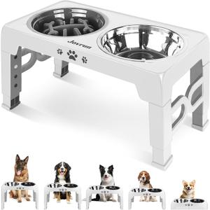 Jovrun Elevated Dog Bowls for Medium Large Size Dogs, Non-Slip Dog Feeder with 1*Stainless Steel Dishes & 1*Slow Feeder Bowl, 5 Heights Adjustable Raised Bowls to 3.15-8.66-9.84-11.02-12.2 (White)