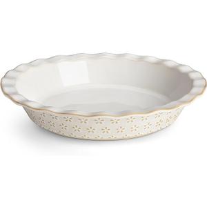 MALACASA Pie Dish for Baking, Stoneware Pie Pan 9 Inch, Embossed Deep Dish Pie Pans, 45 OZ Round Baking Dish Pie Pan, Fluted Dish Pie Plate for Apple Pie, Quiche and Tart, Set of 1, Series LYDIA