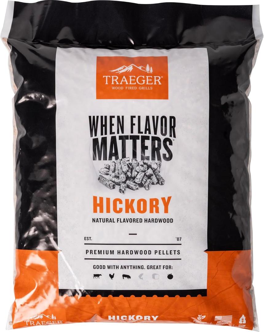 Traeger Grills Hickory 100% All-Natural Wood Pellets for Smokers and Pellet Grills, BBQ, Bake, Roast, 18 lb. Bag