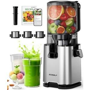 ECOSELF Cold Press Juicer with 3 Filters (For Juice/Sorbet/Nut Milk), Juicer Machines With Wide Mouth Hopper, Self Feeding & Hands-Free Design, Juicer for Family Party, With Pusher, Light Gray