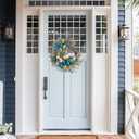 24 Inch Summer Costal Sea Blue Balls Seashell Wreath for Front Door, Vine Waved Base Glitter Champion Seahorse Wreath for Indoor Outdoor, Rustic Farmhouse Sea Costal Home Decor