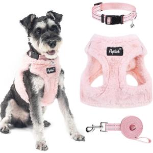 PUPTECK Adjustable Dog Harness Collar and Leash Set Step in No Pull Pet Harness for Small Medium Dogs Puppy and Cats Outdoor Walking Running, Soft Mesh Padded Reflective Vest Harnesses, Plush Pink M (M (CHEST 16"-18"))