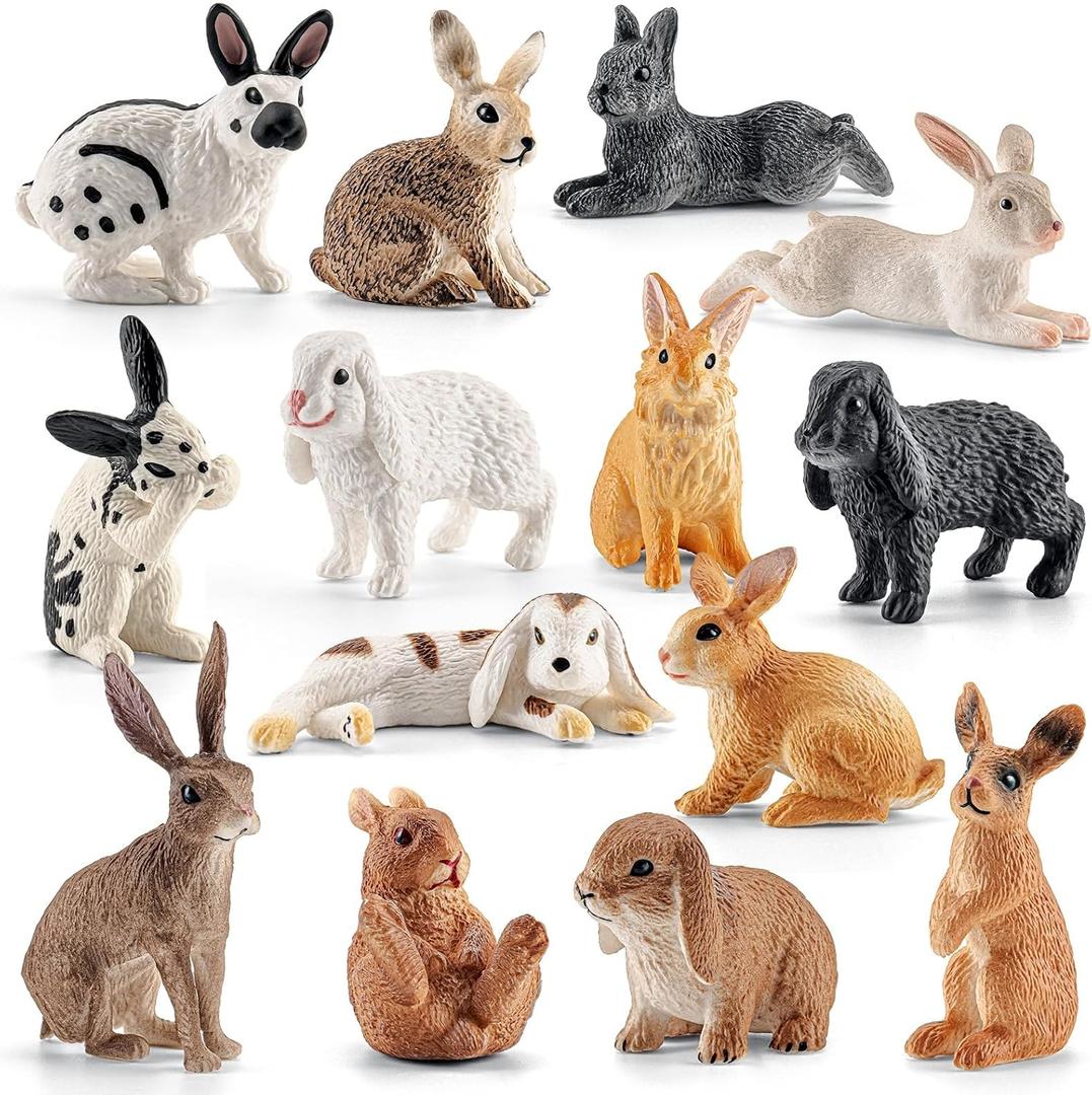 Realistic 14 PCS Easter Bunny Figurines Rabbit Animal Figures Toys | Farm Animal Toy for Cake Toppers, Easter Egg Fillers, Party Favors for Toddlers, Easter Decor, Spring Decorations for Home