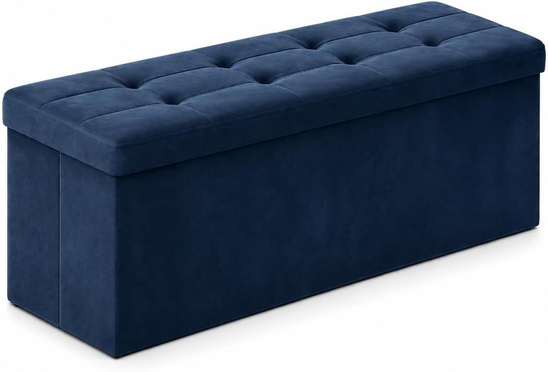 ALASDO 43 Inch Folding Storage Ottoman Bench with Hidden Storage, Velvet Storage Ottoman Foot Rest Stool, End of Bed Bench for Bedroom, Living Room, Entryway and Closet, Navy Blue, 15"D x 43"W x 15"H