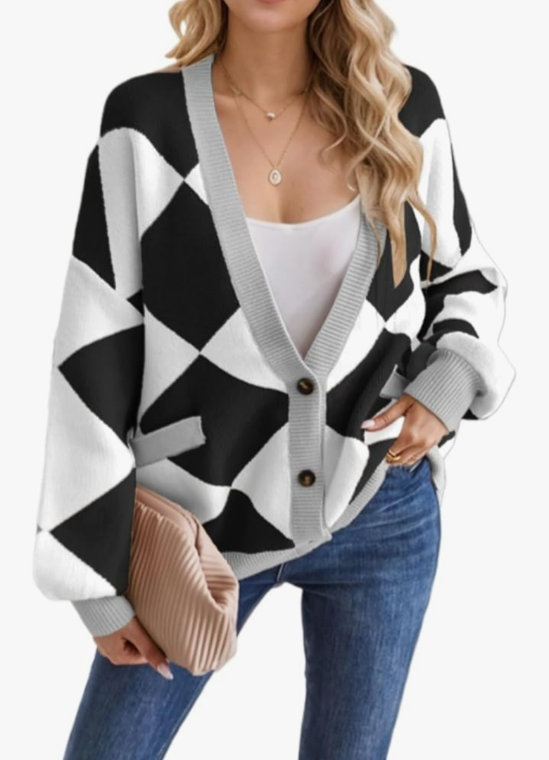 Sumleno Women Y2k Aesthetic Cardigan Sweaters Argyle Long Sleeve Open Front Knit Outerwear Trendy Oversized Fall Tops, Size L