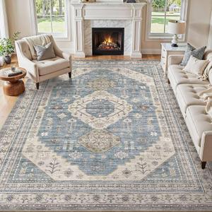 7x9 Washable Area Rug, Large Rugs for Living Room Stain Resistant Non Slip Backing Soft Low Pile Vintage Carpet for Bedroom Dining Room Kid & Pet Friendly Home Decor - Blue