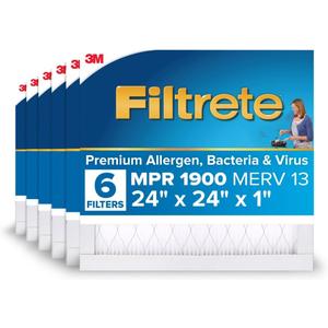 Filtrete 24x24x1 AC Furnace Air Filter, MERV 13, MPR 1900, Premium Allergen, Bacteria & Virus Filter, 3-Month Pleated 1-Inch Electrostatic Air Cleaning Filter, 6-Pack (Actual Size 23.81x23.81x0.78 in)