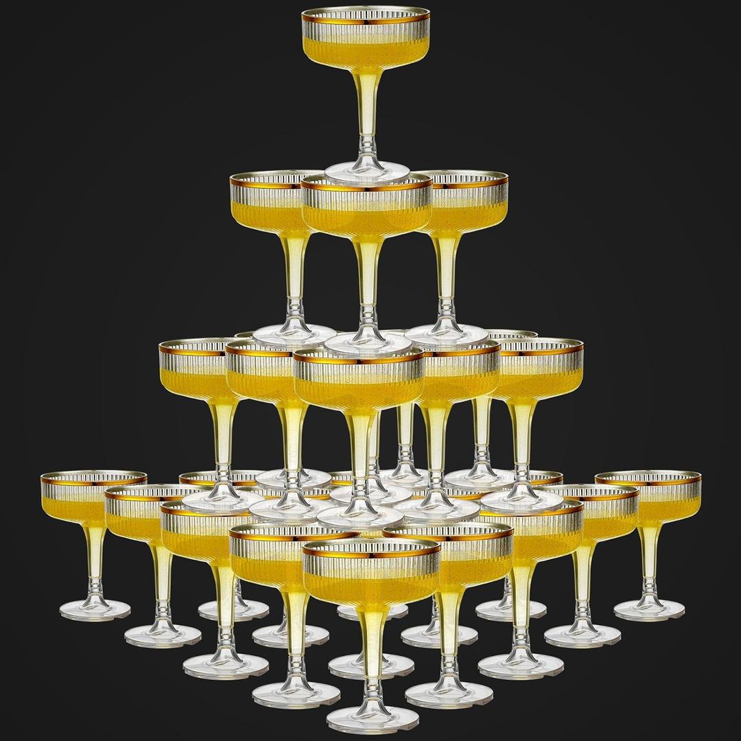 Set of 24 Champagne Tower 7 oz Plastic Champagne Coupe Glasses Set Stackable Plastic Ribbed Martini Glasses Unbreakable Acrylic Cocktail Coupe Cups for Wedding Birthday (Glitter,Gold)