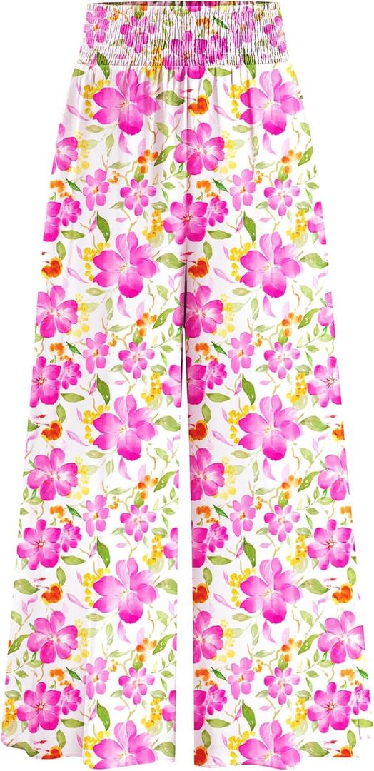 PRETTYGARDEN Women's 2025 Summer Flowy Wide Leg Palazzo Pants Dressy Casual Elastic High Waisted Pockets Boho Beach Trousers (Floral White Purple,Small) 