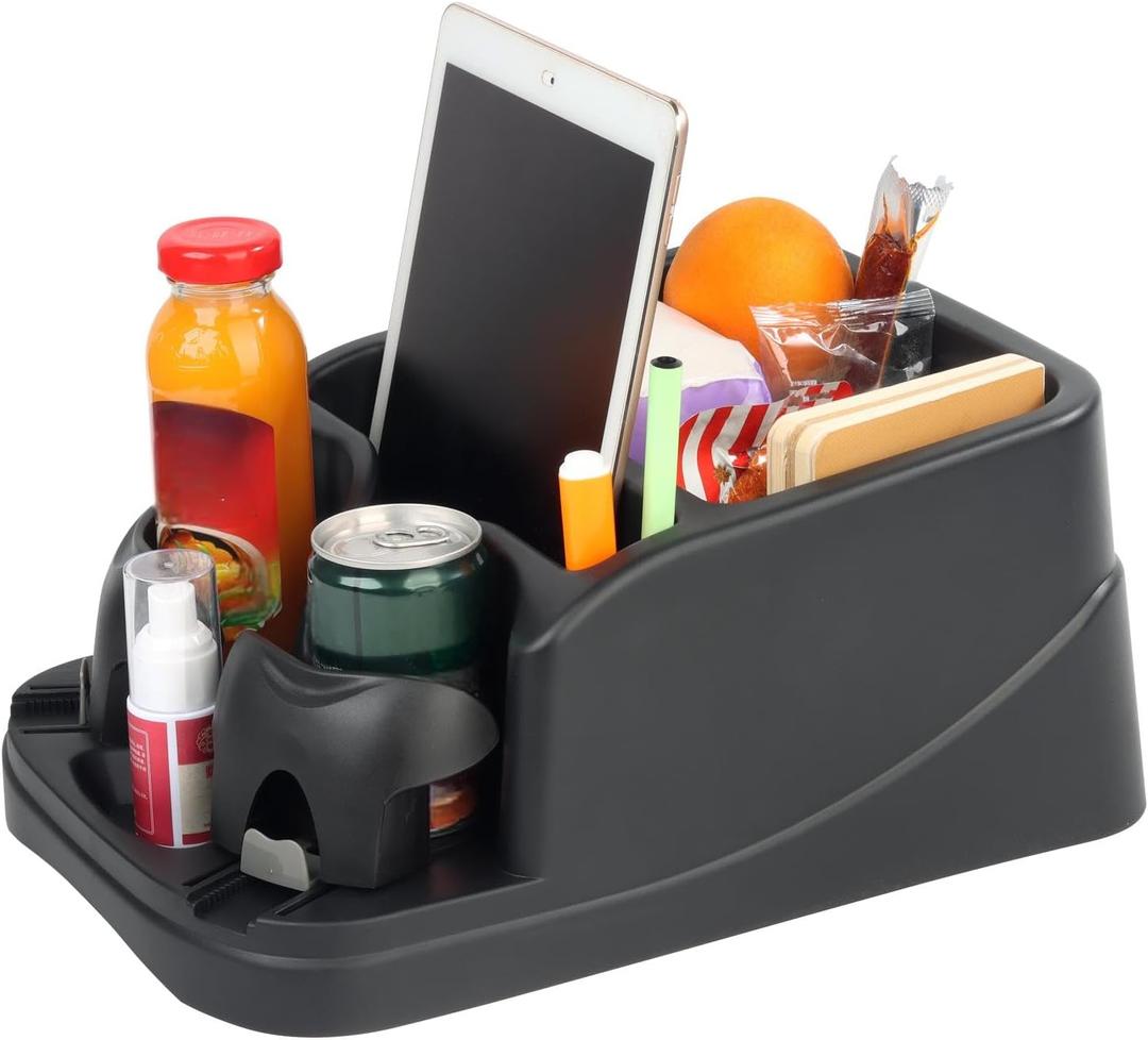 Universal Big Center Console for Cars, Trucks, Minivans, SUVs, Car Console Organizer with 2 Adjustable Cup Holders, Seatbelt for Secure Hold Car Seat Organizer, Truck Floor Console (Black)