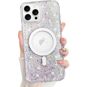 Bonoma for iPhone 12 Pro Max Case, Sparkly Glitter Bling Back, Magnetic Support for MagSafe Shockproof, Crystal and Clear High-Duty Protection for Girls Women -Sparkly Glitter