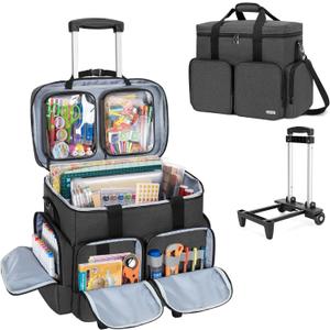 CURMIO Rolling Scrapbook Tote on Wheels, Scrapbook Storage Bag with Detachable Trolley and Bottom Wooden Board, Rolling Craft Bag for Scrapbooking Supplies, Black