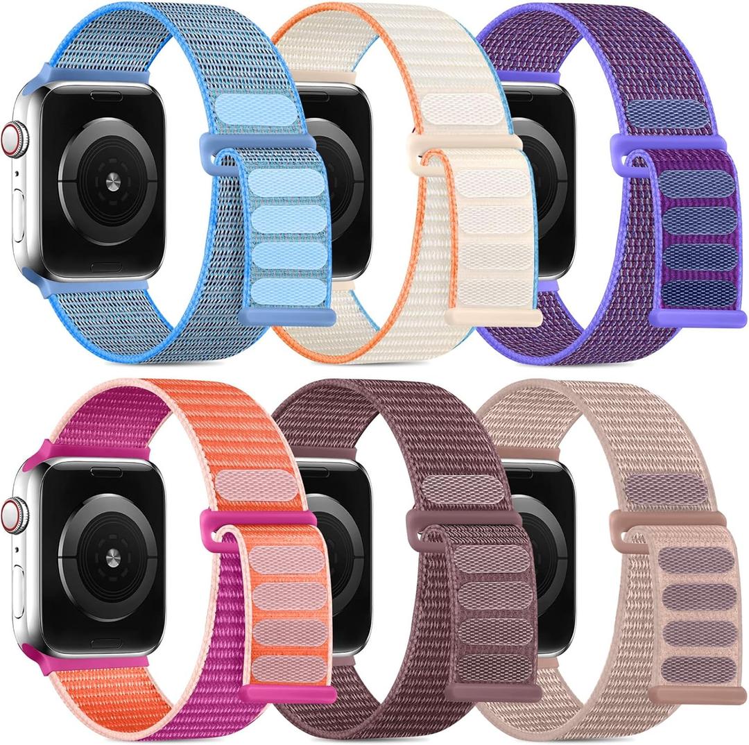 WJK Stretchy Nylon Straps Compatible with Apple Watch Bands 38mm 40mm 41mm 42mm 44mm 45mm 46mm 49mm for Women Men. Breathable Braided Band for iWatch Series 11 10 SE Ultra 9 8 7 6 5 4 3 2 1, 6 Pack (Pomegranate/Lilac/Tahoe Blue/Light Beige/Milk Tea/Smokypurple)