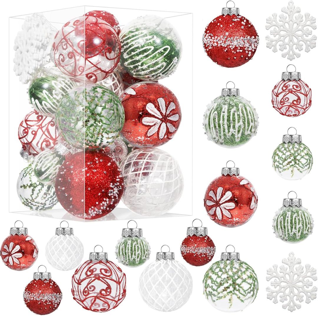 36 PCS Christmas Tree Ornaments Balls Set with Snowflake, Clear Red, Green, White Christmas Ornaments, Xmas Tree Hanging Glitter Ball Decor for Party Home Holiday