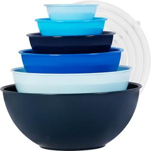 BoxedHome BPA Free Plastic Round Mixing Bowl with Lids, 12 Pack Nesting Bowls with Lids Set, Microwave and Dishwasher Safe Prep & Serving Bowls Great for Mixing, Baking, Serving (Blue, 12pcs), 0.32QT, 0.74QT, 1.37QT, 2.22QT, 3.69QT, 5.8QT