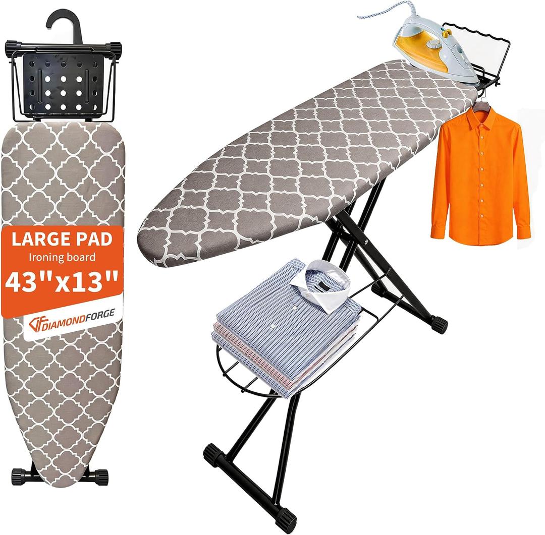 Ironing Board, 43"13" with Iron Rest, 7 Adjustable Height & Clothes Shelf | Iron Board with Bulit-in Hook and Hanger Bar, 4 Layer Heat Resistant Cover and Pad for Home Apartment Dorm Laundry Room, Gray