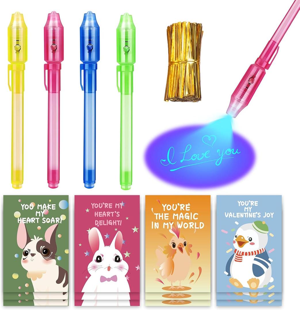 Valentines Day Gifts for Kids - 28 Pack Invisible Ink Pen with Valentines Greeting Cards for Classroom, Valentines Exchange Gifts ideas Preschool Valentine Gifts favors