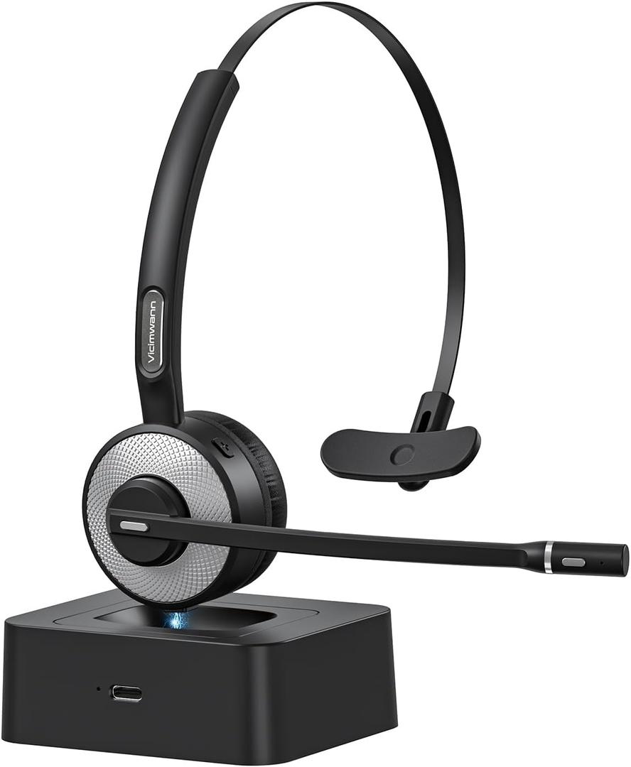 Angteela Wireless Bluetooth 5.3 Headset with Noise Cancelling Mic, Dedicated Mute Button, Multipoint Pairing & Charging Base