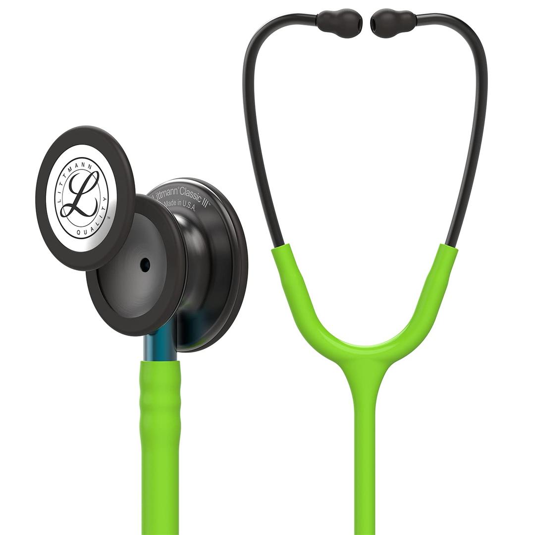 3M Littmann Classic III Monitoring Stethoscope, 5875, More Than 2X as Loud, Weighs Less, Stainless Steel Smoke-Finish Chestpiece, 27" Lime Green Tube, Blue Stem, and Smoke Headset