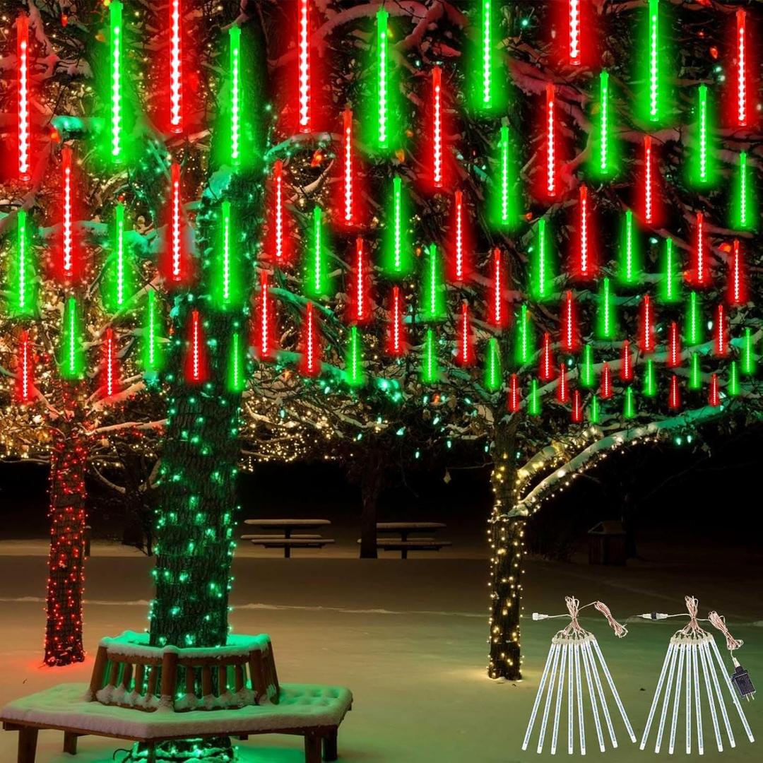 2 Pack Christmas Decorations Lights Outdoor, Extendable Meteor Shower Lights with Timer, Total 384LED 30cm 16 Tubes Indoor Outdoor Snow Cascading String Light for Xmas Party Yard Decor (Red and Green)