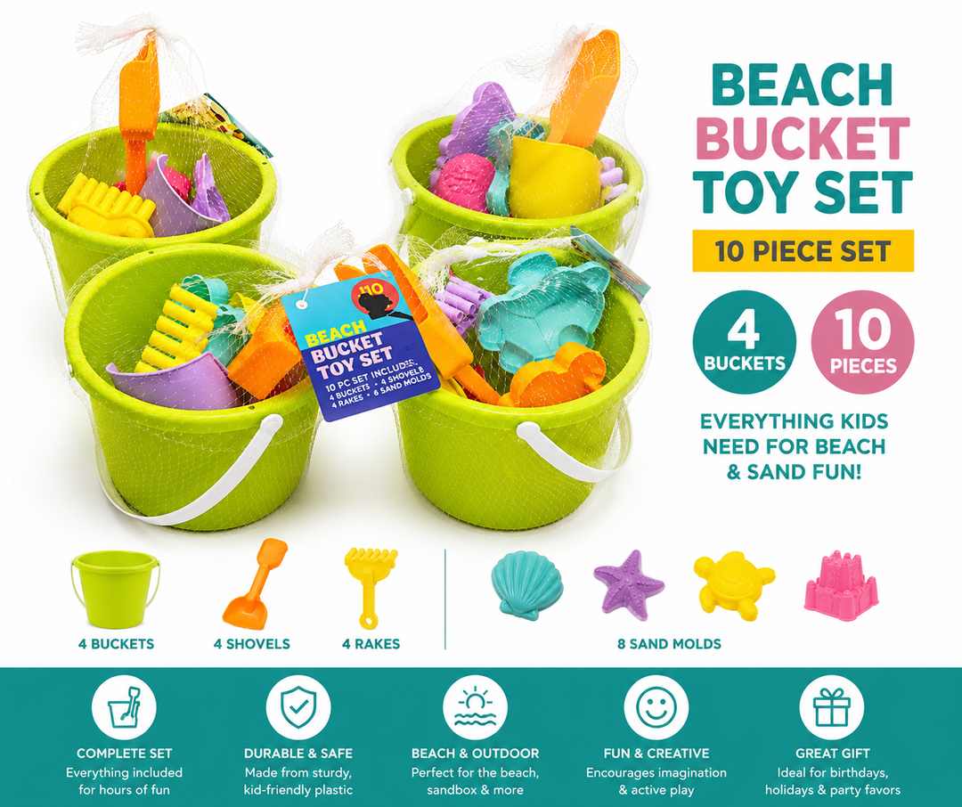 Beach Bucket Toy Set 9 Piece 1 Bucket 2 Shovels 1 Rake 5 Sand Molds