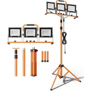 Upgraded 21000Lumen LED Work Lights with Stand - 3 Head Adjustable Work Light with 16FT Cord - IP66 Waterproof Tripod Worklights with Individual Switch for Outdoor Indoor Portable & All-round Lighting