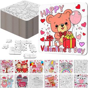 Realspring 24 Pack Color Your Own Jigsaw Puzzles for Kids Valentine's Day Coloring Puzzles DIY Paper Jigsaw Party Favors Gifts Exchange Classroom Activities Educational Game Toy