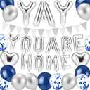 Duraaamo Welcome Home Decorations Yah! You Are Home Banner with Confetti Balloons Heart Balloons Pennant Flag Family Housewarming Baby Shower Military Army Back Party Supplies Decor(Navy Blue)