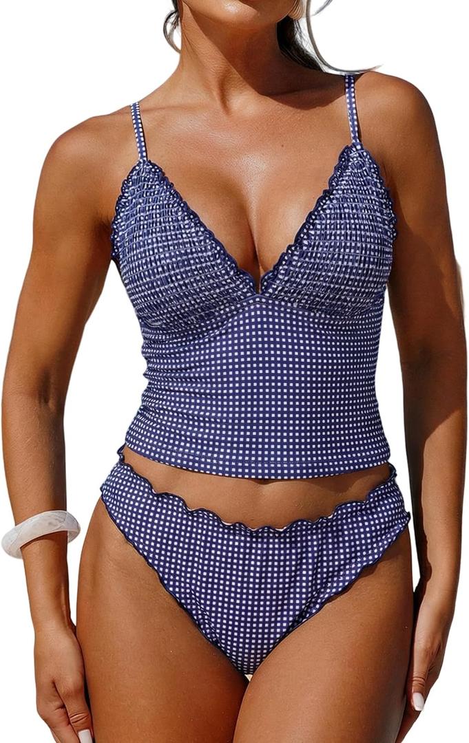ZAFUL Tankini Swimsuits for Women Ruffle Trim Textured High Cut Tankini Set Two Piece Bathing Suits(2-Blue Plaid, XL)