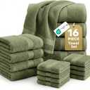 LANE LINEN Luxury Cotton Bath Towel Pack of 16 - Softer, Highly Absorbent & Durable - 4 Bath, 8 Wash cloths, 4 Hand Towels for Bathroom - Premium Look, Spa Quality, Solid Dyed Towels - Oil Green, 16 Piece Towel Set