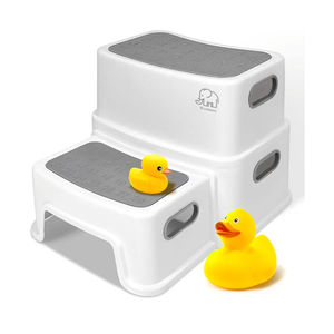 Forbena Toddler Step Stool for Bathroom Sink, 2 Step Stool for Kids Toilet Potty Training, NonSlip Toddlers Baby Child Kid Plastic Poop Stools with Handle for Kitchen Counter Bed (WhiteGrey)