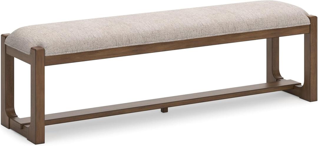 Signature Design by Ashley Cabalynn Farmhouse Upholstered Dining Bench, Foam Cushion, Hardwood Solids, 63.5" W x 16.5" D x 19.75" H, Beige & Light Brown