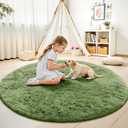 Olanly Green Round Rugs for Bedroom - Machine Washable, 5 ft Circle Area Rugs for Living Room, Soft and Fluffy Shaggy Carpet for Teen Girl and Boys, Nursery Rooms, Dorms, Home Decor Aesthetic