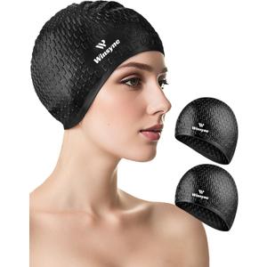 2 Pack Unisex Silicone Swim Cap for Women Men, Large Size Swimming Caps for Long Hair/Braids to Keep Hair Dry, Waterproof Bathing Caps for Swimming with Ear Plugs & Nose Clip Set, Large
