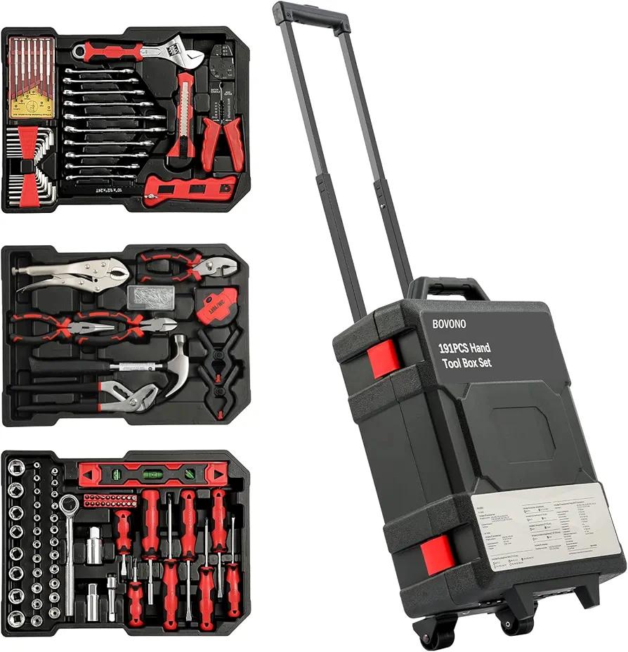 BOVONO 191 PCS Tool Set with Rolling Tool Box, Household Tool Kit with Plastic Trolley Case, Repair Mechanic Tool Sets Portable Hand Tool Set with Hammer Wrench for Home Men (Black)