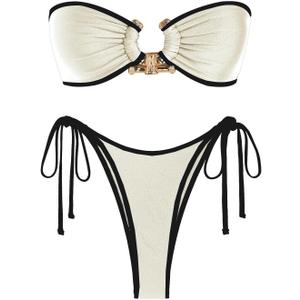 ZAFUL Metal Ring Bandeau Bikini Set Tie Side Bathing Suit High Cut 2 Piece Swimsuit Cutout Swimwear (Small, Beige and Black)