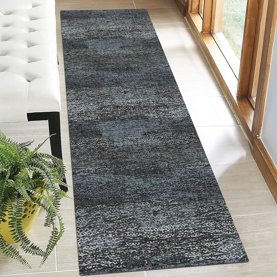 Washable Area Rug - 1/6 Thick - Stain & Water Resistant Non-Slip - Resistant Rug for Living Room, Bedroom, Nursery, Pet & Child Friendly, Vintage Charm Area Rugs (Darkgrey+Bule, 2'6'' x 8') (2'6" x 8' (Rectangular), Depth-darkgrey+bule)