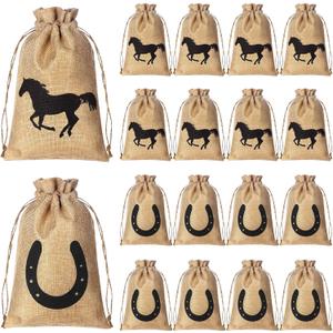 Vincreem 16 Pieces Western Horse Gift Bags Cowboy Party Favor Bags with Drawstring Reusable Treat Goodie Candy Sackpacks Horsehead and Horseshoe Pattern for Cowboy Birthday Party Favor (5x7 Inch)