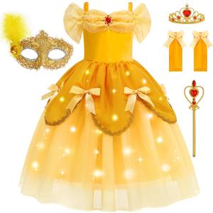 Aolliya Light Up Princess Dress for Girls Yellow Princess Lighted Dress Up for Halloween Carnival Cosplay Birthday Party (8/140, Yellow(with Accessories))