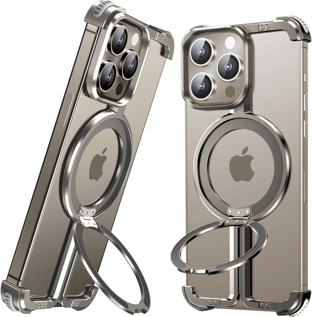 OATSBASF for iPhone 15 Pro Max Bumper Case, with Invisible Magnetic O-Ring Stand Case, Bezel Less Minimalist, Protective Shockproof, Frameless Metal Slim Cover, Natural Titanium