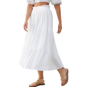 IQLWI Women's Boho Skirt Ruffle Long Maxi Flowy Summer Skirts with Pockets White X-Large