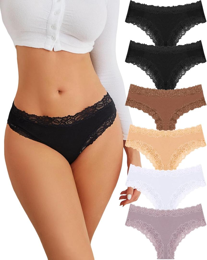 FINETOO Cotton Underwear for Women Sexy Panties Lace Hipster Low Rise Breathable Womens Cheeky 6 Pack (Medium, Black*2+brick Yellow+apricot+white+khaki)