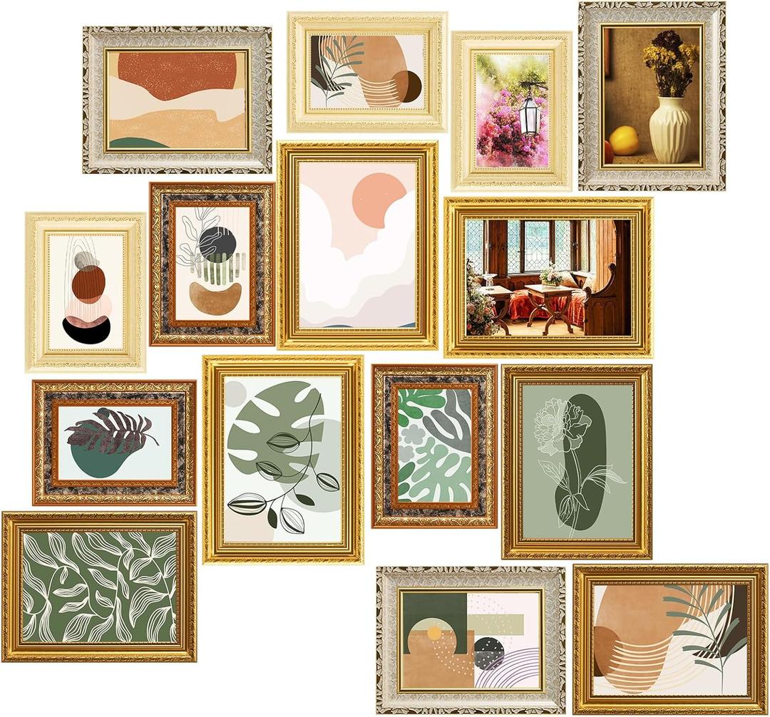 15 Pcs Gold Vintage Picture Frames for Wall or Tabletop Display Ornate French Country Frame Collage with 8x10 5x7 4x6 Frames Set for Gallery Bedroom Living Room