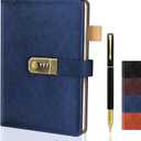 Diary with Lock for Men and Women, A5 Vintage Leather Journal with Lock for Boy and Girl, 200 Pages Refillable Lined Password Notebook with Pen for Personal Daily Writing Travel Navy Blue