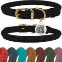 BronzeDog Rolled Leather Dog Collar with QR ID Tag, Adjustable Soft Round Collars for Small Medium Large Dogs Puppy (19" - 21" Neck Size, Black Night)