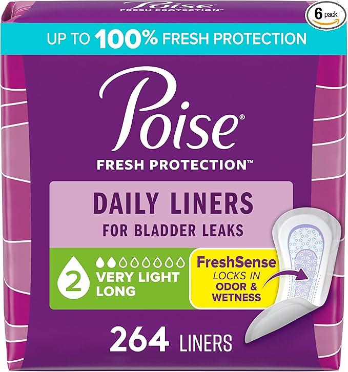 Poise Daily Liners, Incontinence Panty Liners for Bladder Leaks, 2 Drop Very Light Absorbency, Long Length, 264 Count of Pantiliners (6 Packs of 44),