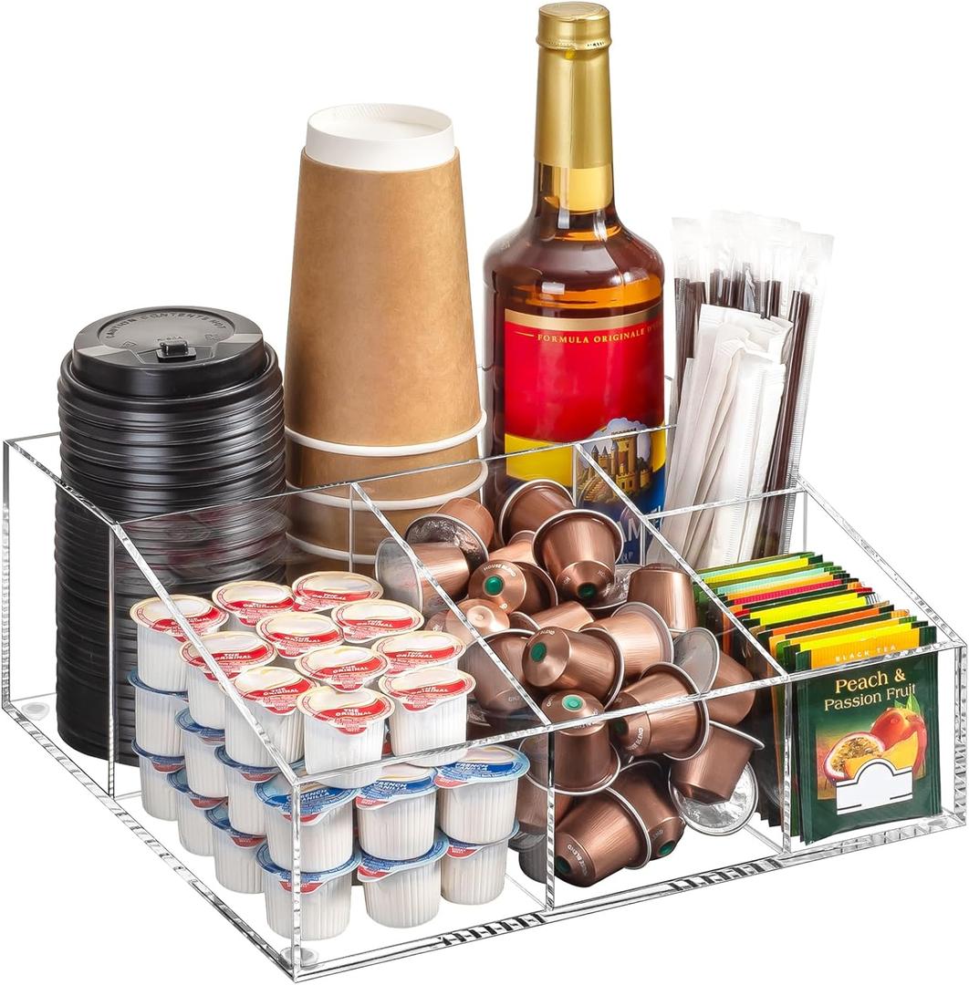 BEYGORM Acrylic Coffee Bar Station Organizer for Countertop, Office Breakroom Clear Snack Tea Storage Accessories Holder for Kcup Pod Condiment Cup Sugar Creamer Syrup, Coffee Gift for Coffee Lovers