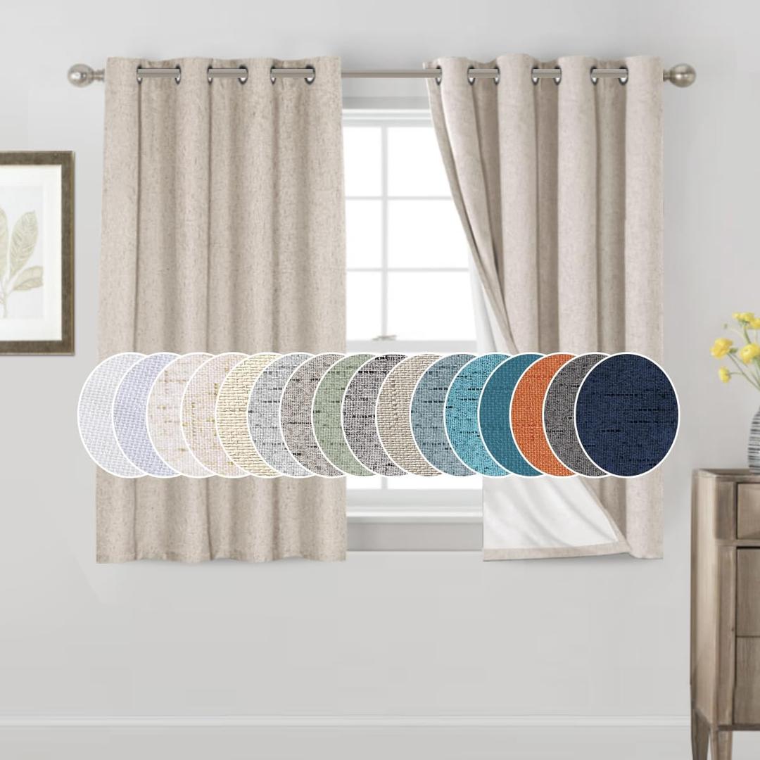 PrinceDeco Blackout Curtains for Bedroom 100% Black Out Curtains 54 Inch Long Anti Rust Grommet Thermal Insulated Drapes Privacy Protection 2 Panels Set,52" W x 54" L,Natural