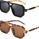 FEISEDY Vintage Square 70s Flat Aviator Sunglasses Women Men Classic Retro Stylish Frame UV400 Sunglasses B2622 (2 Pack Black/Grey + Leopard/Tea)
