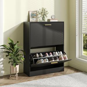 JOZZBY Shoe Cabinet Storage for Entryway, Freestanding Narrow Slim Shoe Organizer Cabinet with 2 Flip Drawers, Wooden Shoe Rack for Hallway, Living Room, Black1